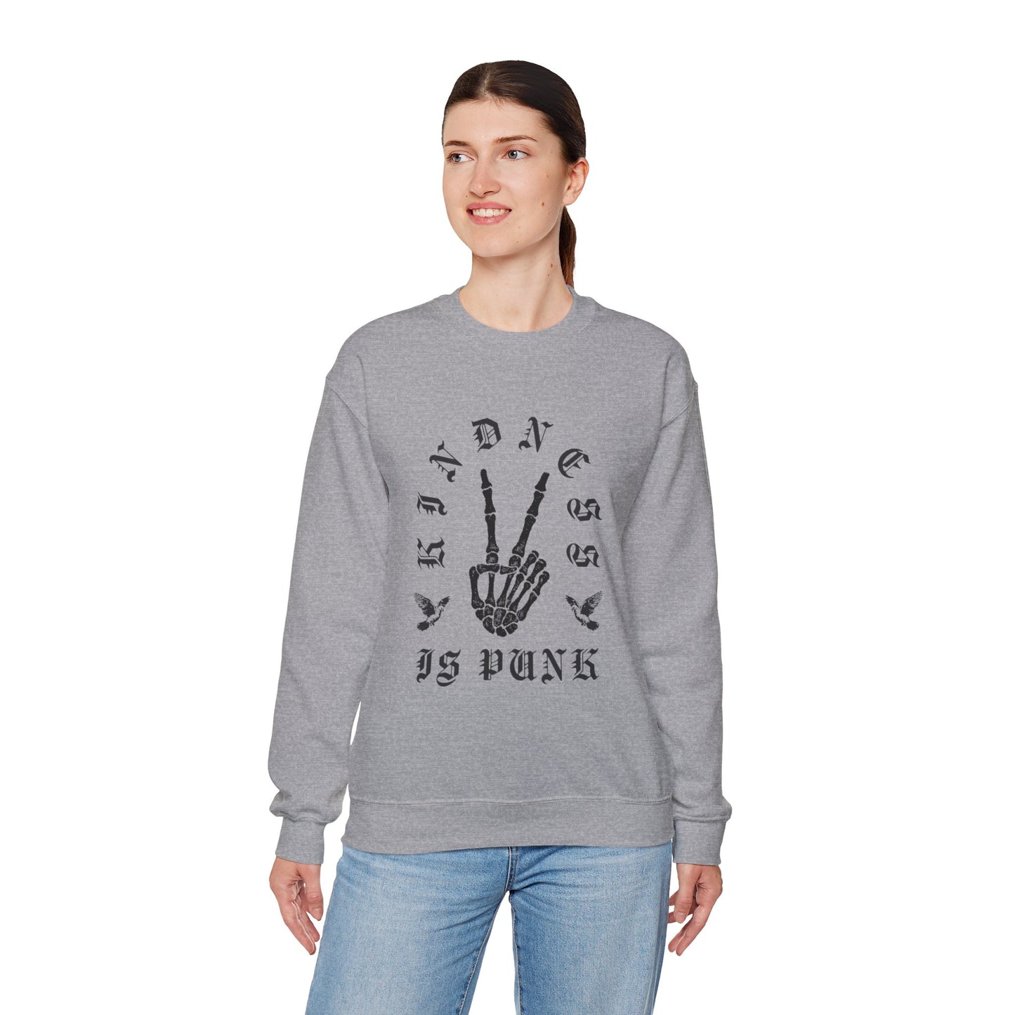 Sweatshirt — "Kindness Is Punk" Skeleton Peace Sign Crewneck