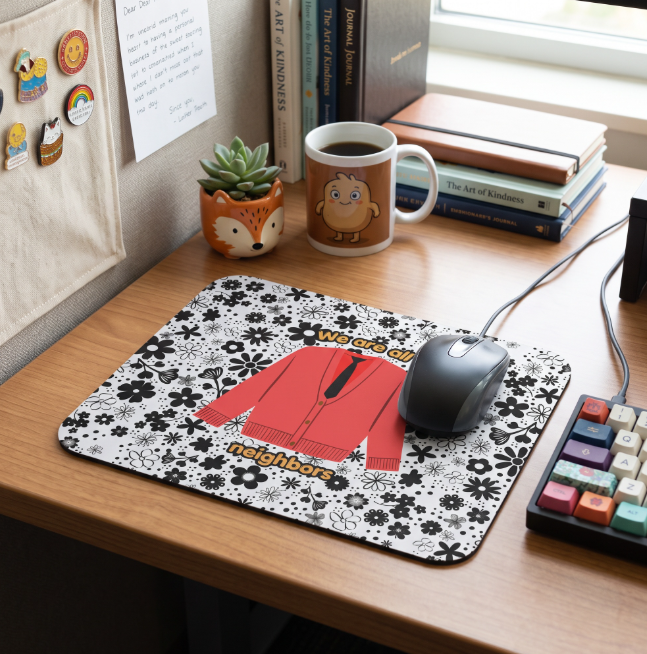 We Are All Neighbors Mouse Pad – Floral Mister Rogers Tribute Desk Mat