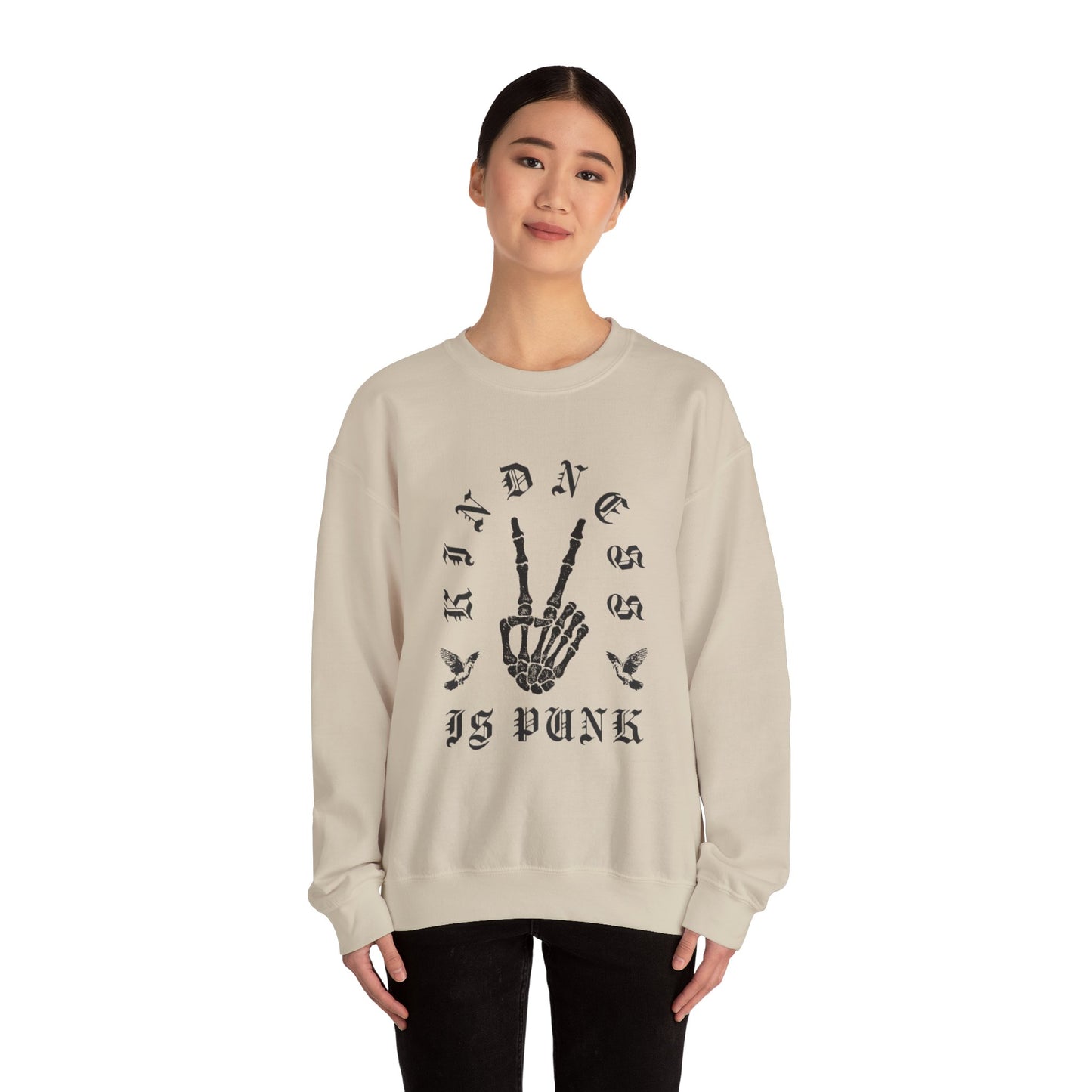 Sweatshirt — "Kindness Is Punk" Skeleton Peace Sign Crewneck